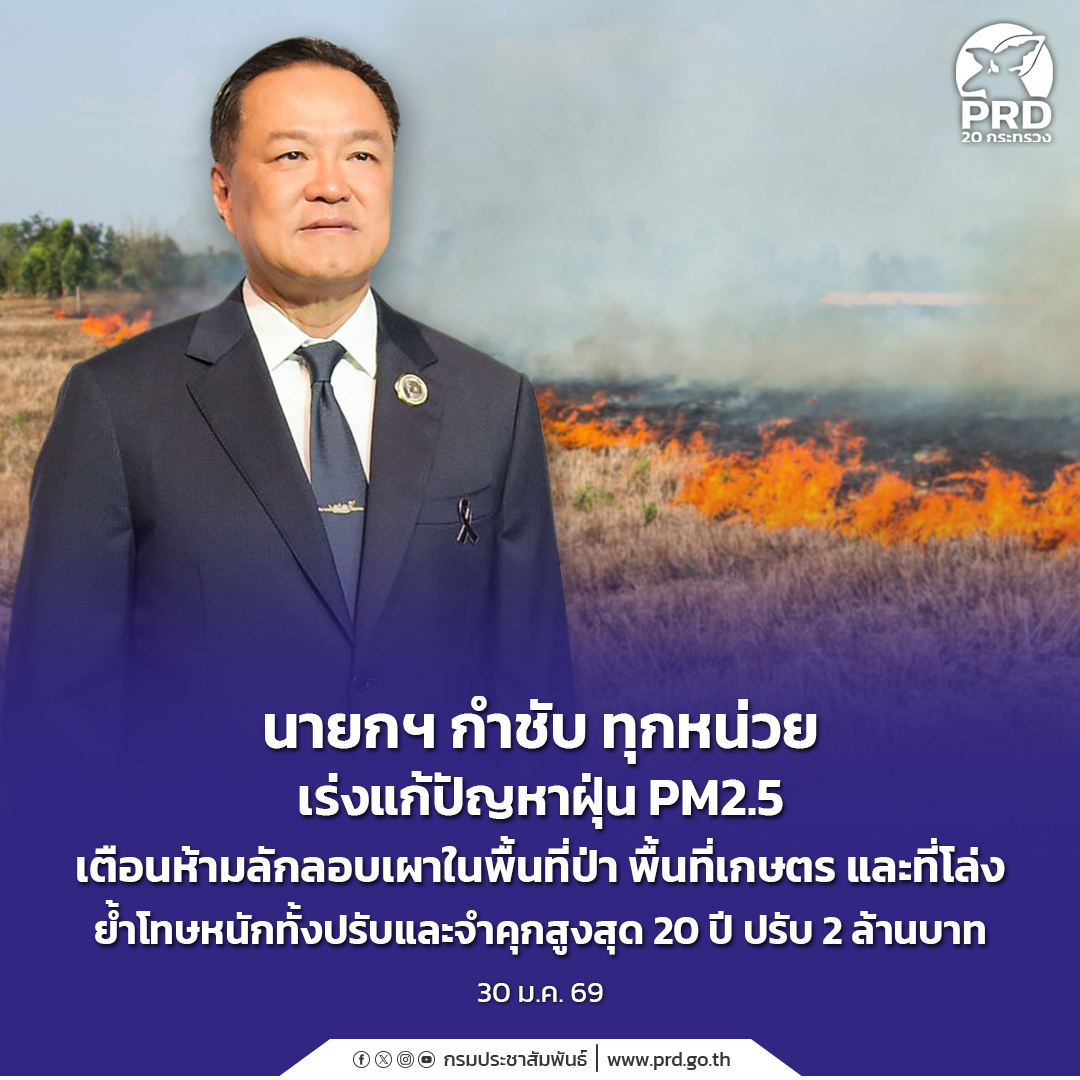 นายกฯ กำชับ ทุกหน่วยเร่งแก้ปัญหาฝุ่น PM2.5 เตือนห้ามลักลอบเผาในพื้นที่ป่า พื้นที่เกษตร และที่โล่ง  ย้ำโทษหนักทั้งปรับและจำคุกสูงสุด 20 ปี ปรับ 2 ล้านบาท