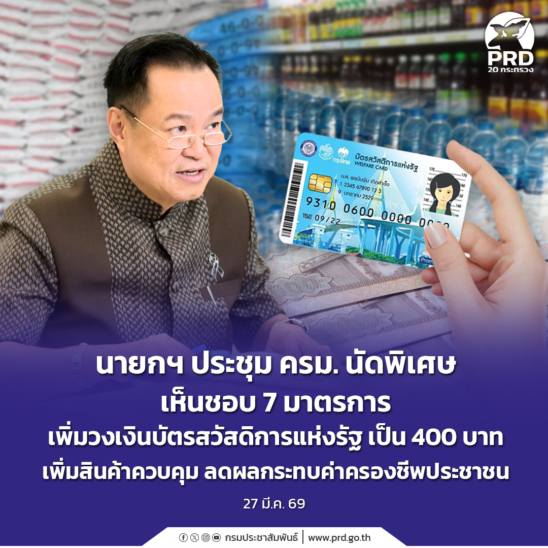นายกฯ ประชุม ครม. นัดพิเศษ เห็นชอบ 7 มาตรการ เพิ่มวงเงินบัตรสวัสดิการแห่งรัฐ เป็น 400 บาท เพิ่มสินค้าควบคุม ลดผลกระทบค่าครองชีพประชาชน