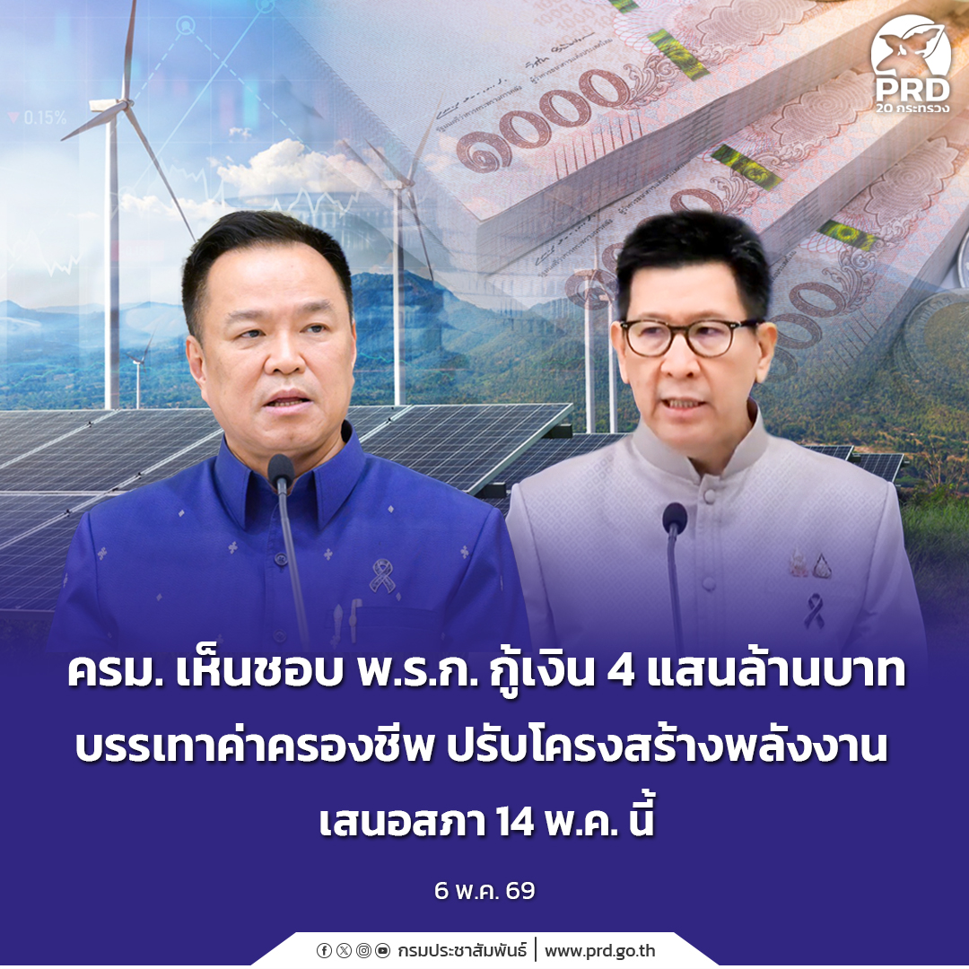 ครม. เห็นชอบ พ.ร.ก. กู้เงิน 4 แสนล้าน บรรเทาค่าครองชีพ ปรับโครงสร้างพลังงาน  เสนอสภา 14 พ.ค. นี้ 