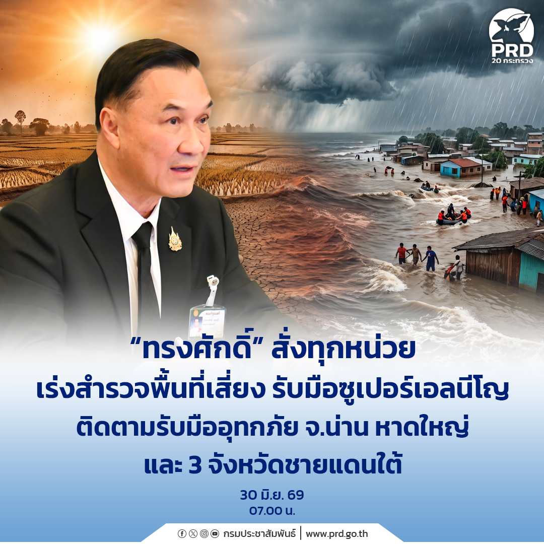 &ldquo;ทรงศักดิ์&rdquo; สั่งทุกหน่วย เร่งสำรวจพื้นที่เสี่ยง รับมือซูเปอร์เอลนีโญ ติดตามรับมืออุทกภัย จ.น่าน หาดใหญ่ และ 3 จังหวัดชายแดนใต้