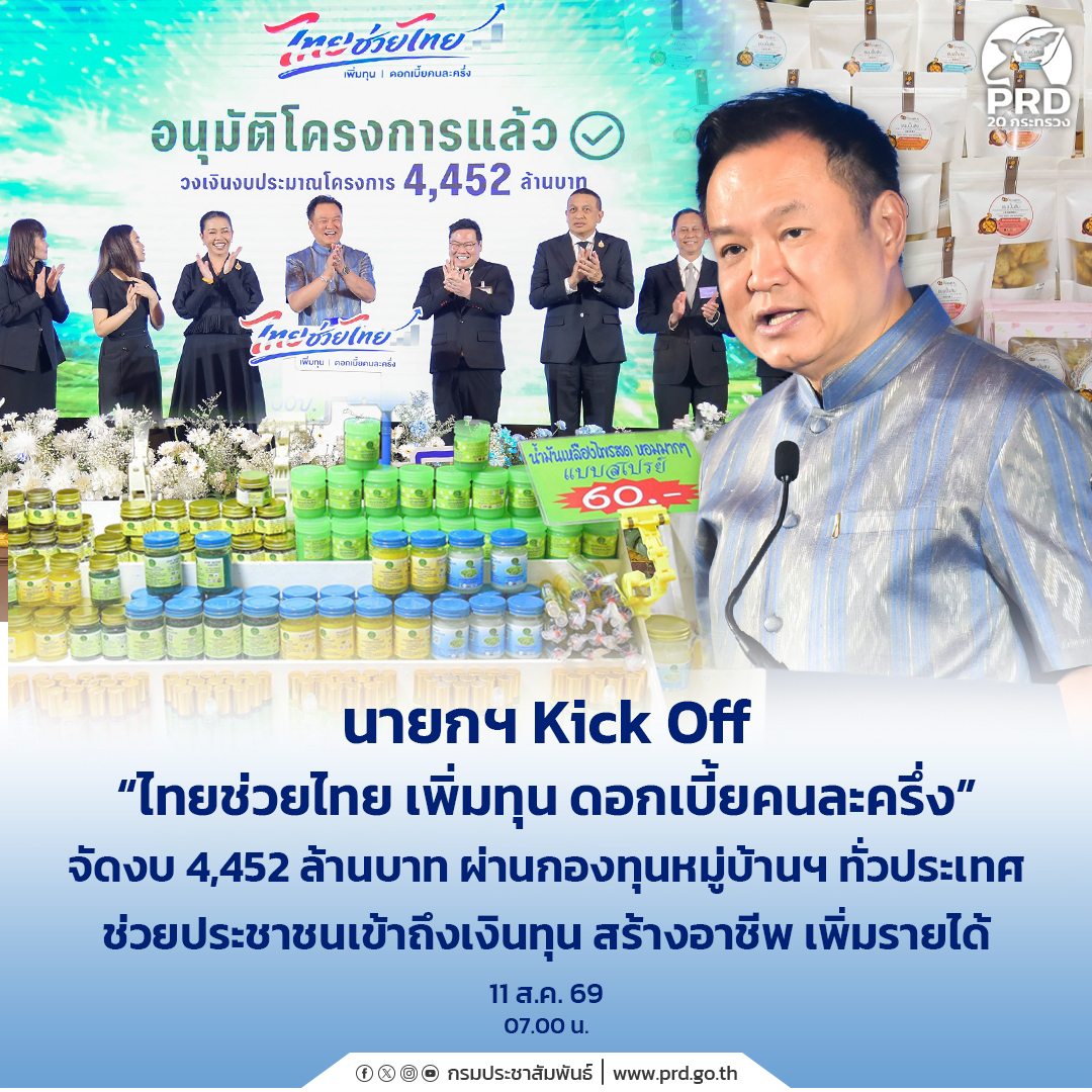 นายกฯ Kick Off &ldquo;ไทยช่วยไทย เพิ่มทุน ดอกเบี้ยคนละครึ่ง&rdquo; จัดงบ 4,452 ล้าน ผ่านกองทุนหมู่บ้านฯ ทั่วประเทศ ช่วยประชาชนเข้าถึงเงินทุน สร้างอาชีพ เพิ่มรายได้