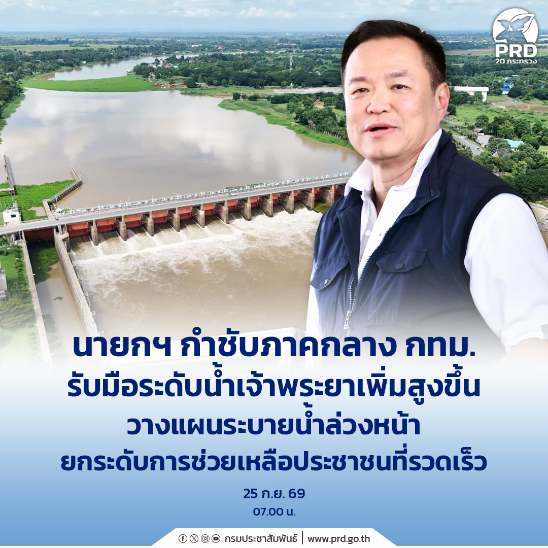 นายกฯ กำชับภาคกลาง กทม. รับมือระดับน้ำเจ้าพระยาเพิ่มสูงขึ้น วางแผนระบายน้ำล่วงหน้า ยกระดับการช่วยเหลือประชาชนที่รวดเร็ว